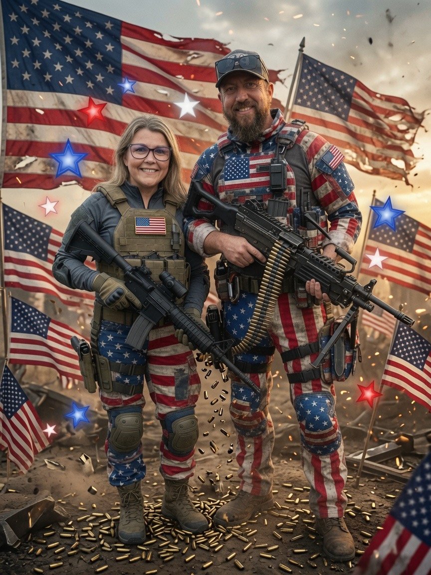 The owner and April of Conrad & Sons Guns, posed with rifles in front of American flags