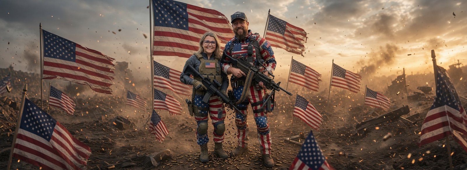 The owner and April of Conrad & Sons Guns standing among American flags